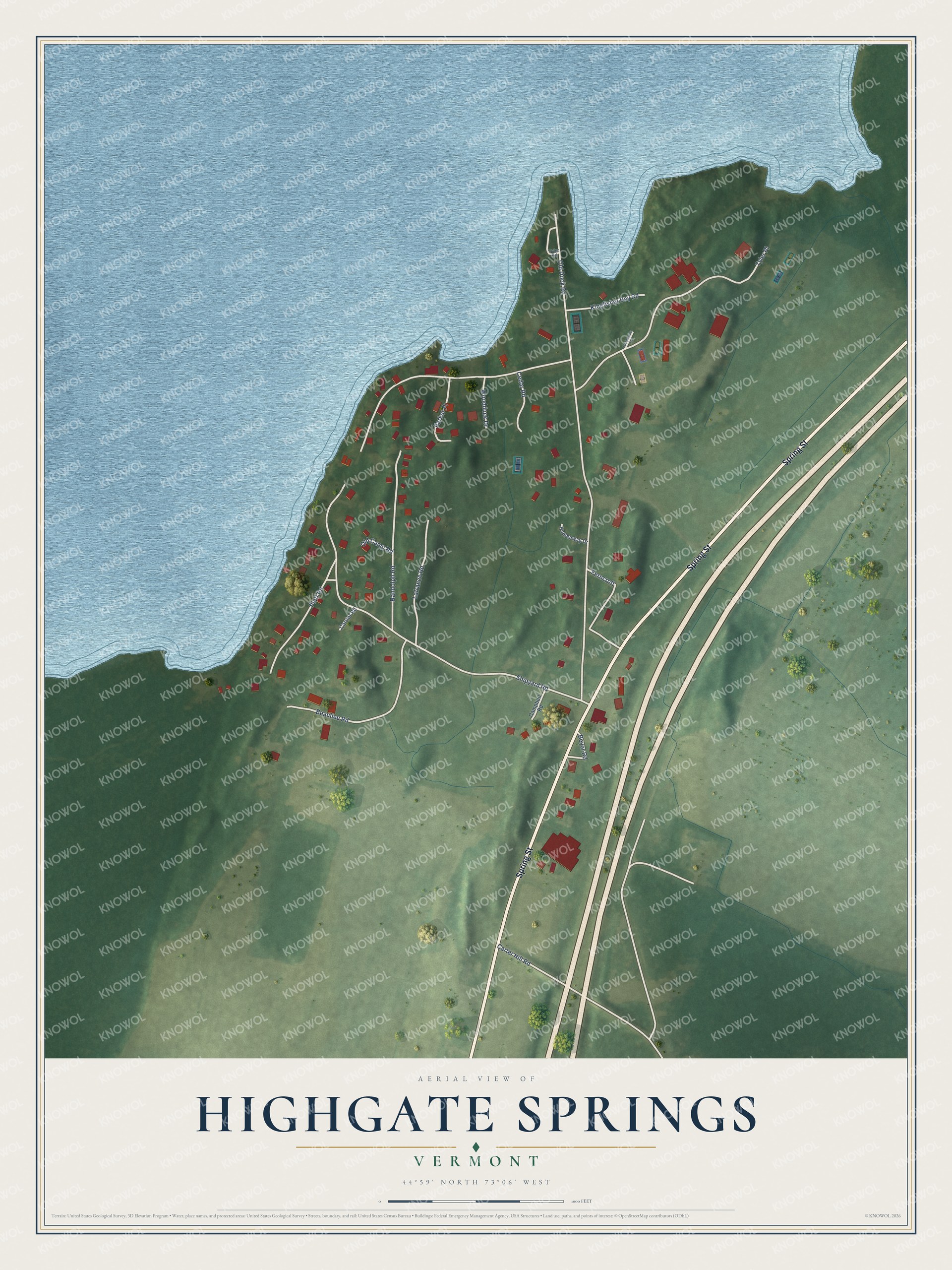 Full map of Highgate Springs, Vermont, with red buildings, printed street names and the land around them