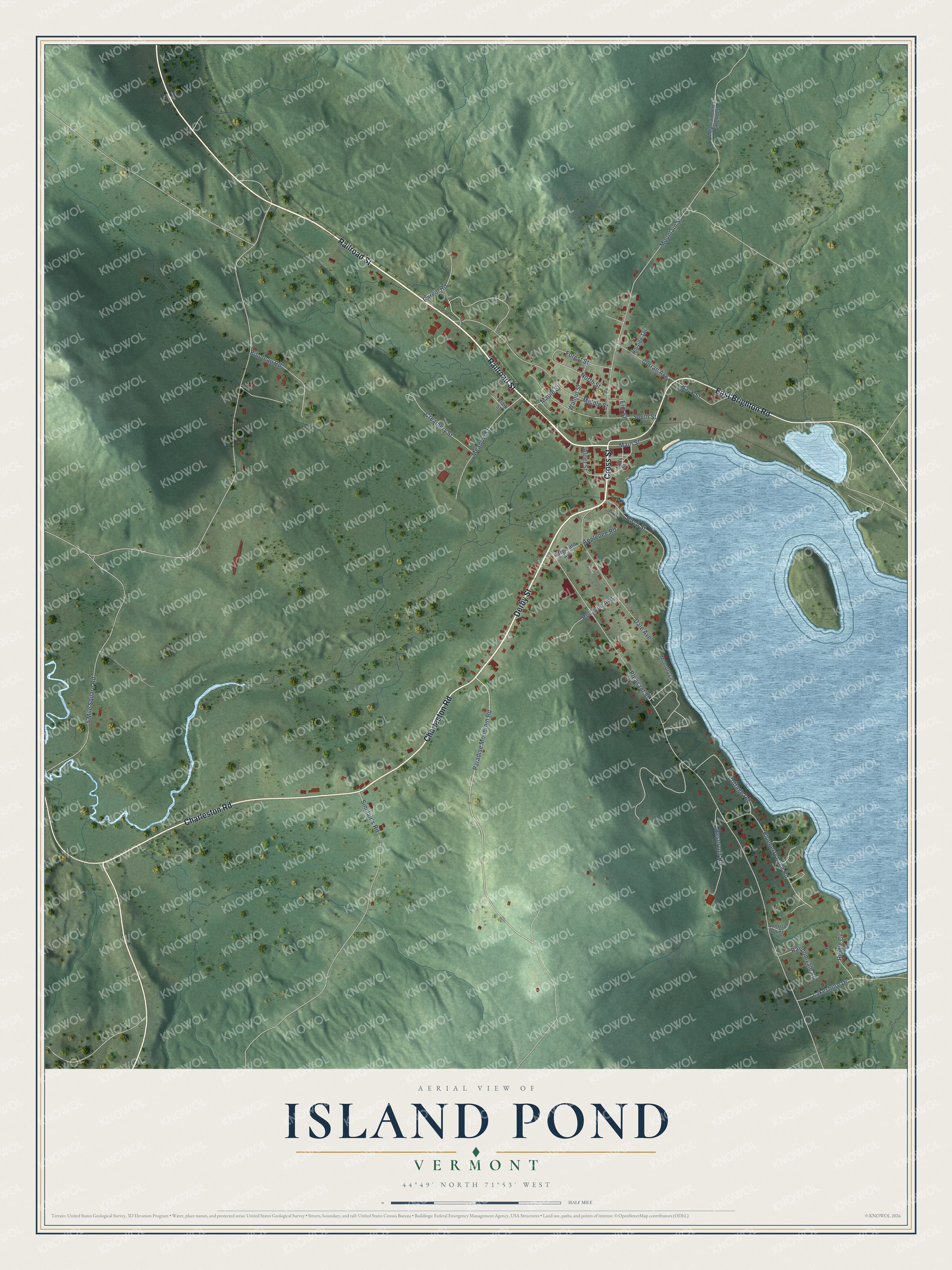 Full map of Island Pond, Vermont, with red buildings, printed street names and the land around them