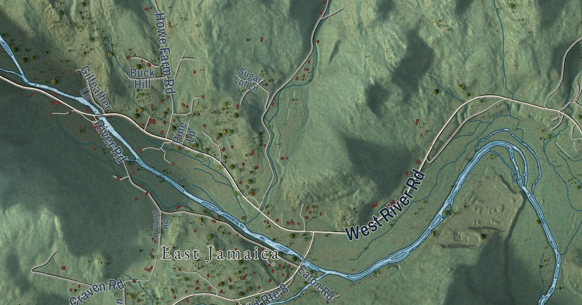 Close-up of streets and buildings in Jamaica, Vermont