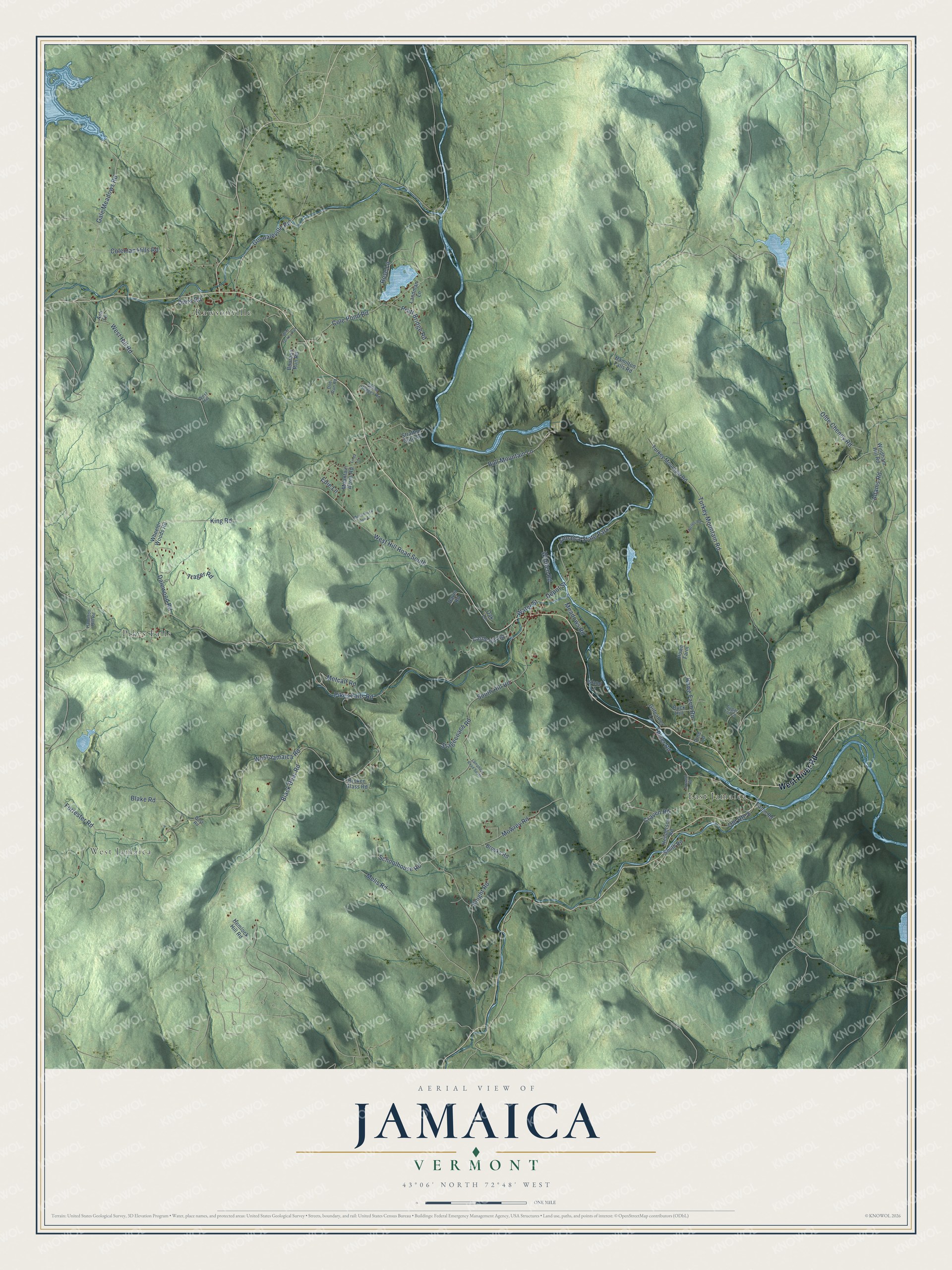 Map of Jamaica, Vermont, with the West River, Ball Mountain Lake and East Jamaica