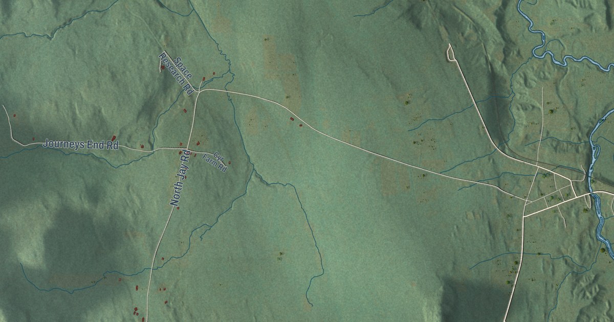 Close-up of streets and buildings in Jay, Vermont