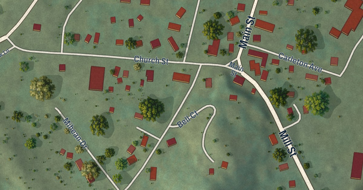 Close-up of streets and buildings in Jeffersonville, Vermont
