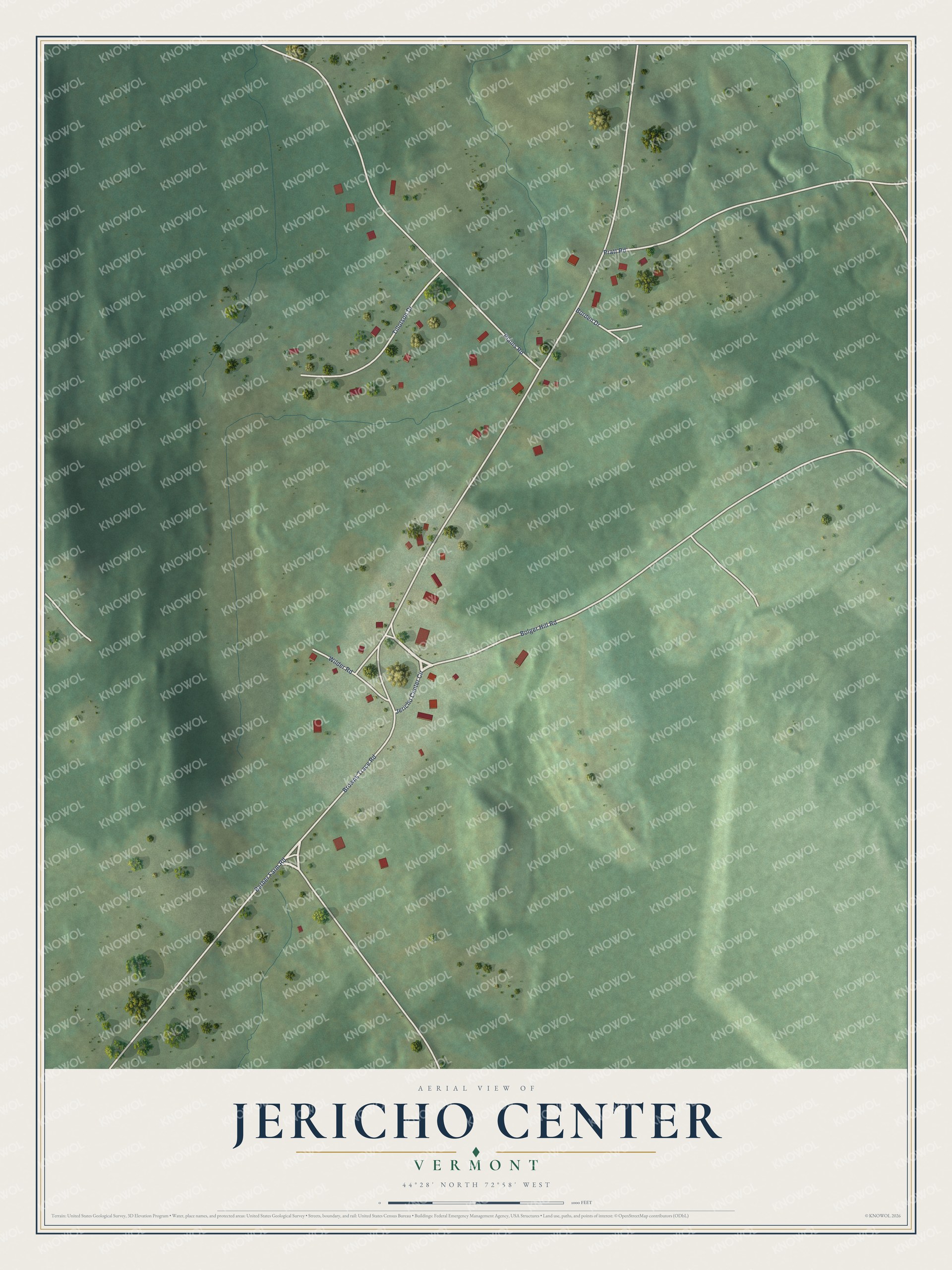 Full map of Jericho Center, Vermont, with red buildings, printed street names and the land around them