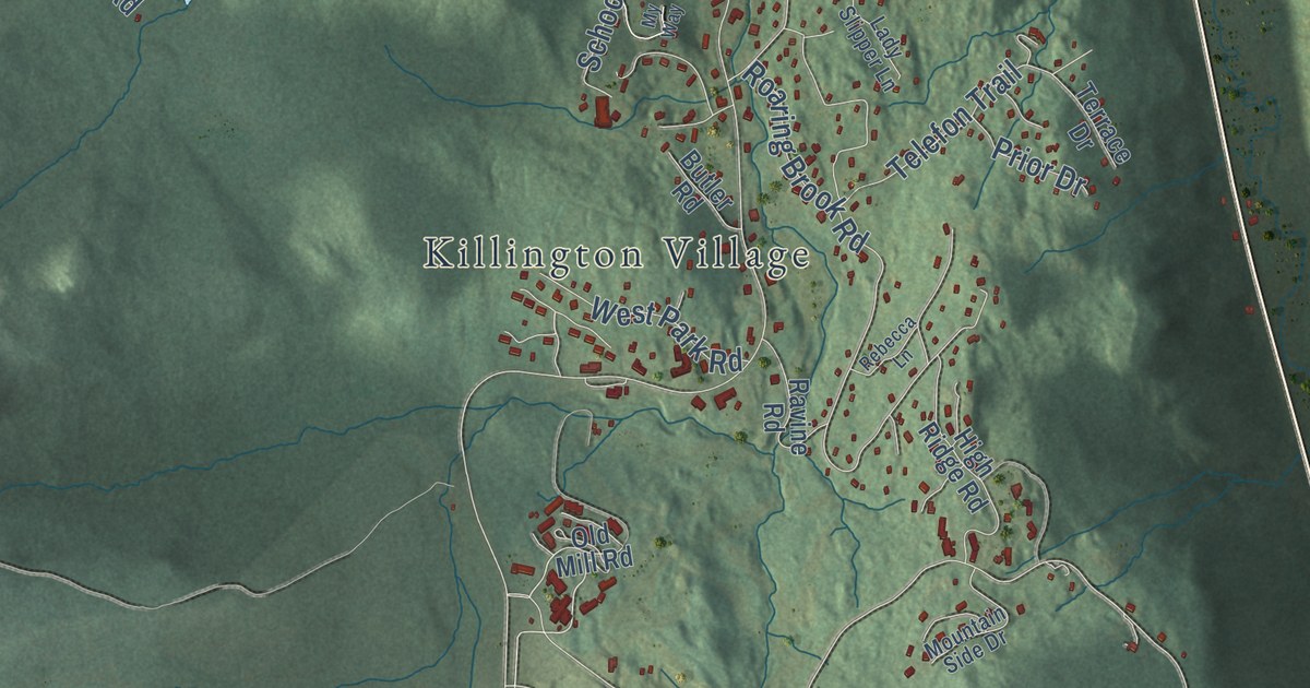 Close-up of streets and buildings in Killington, Vermont