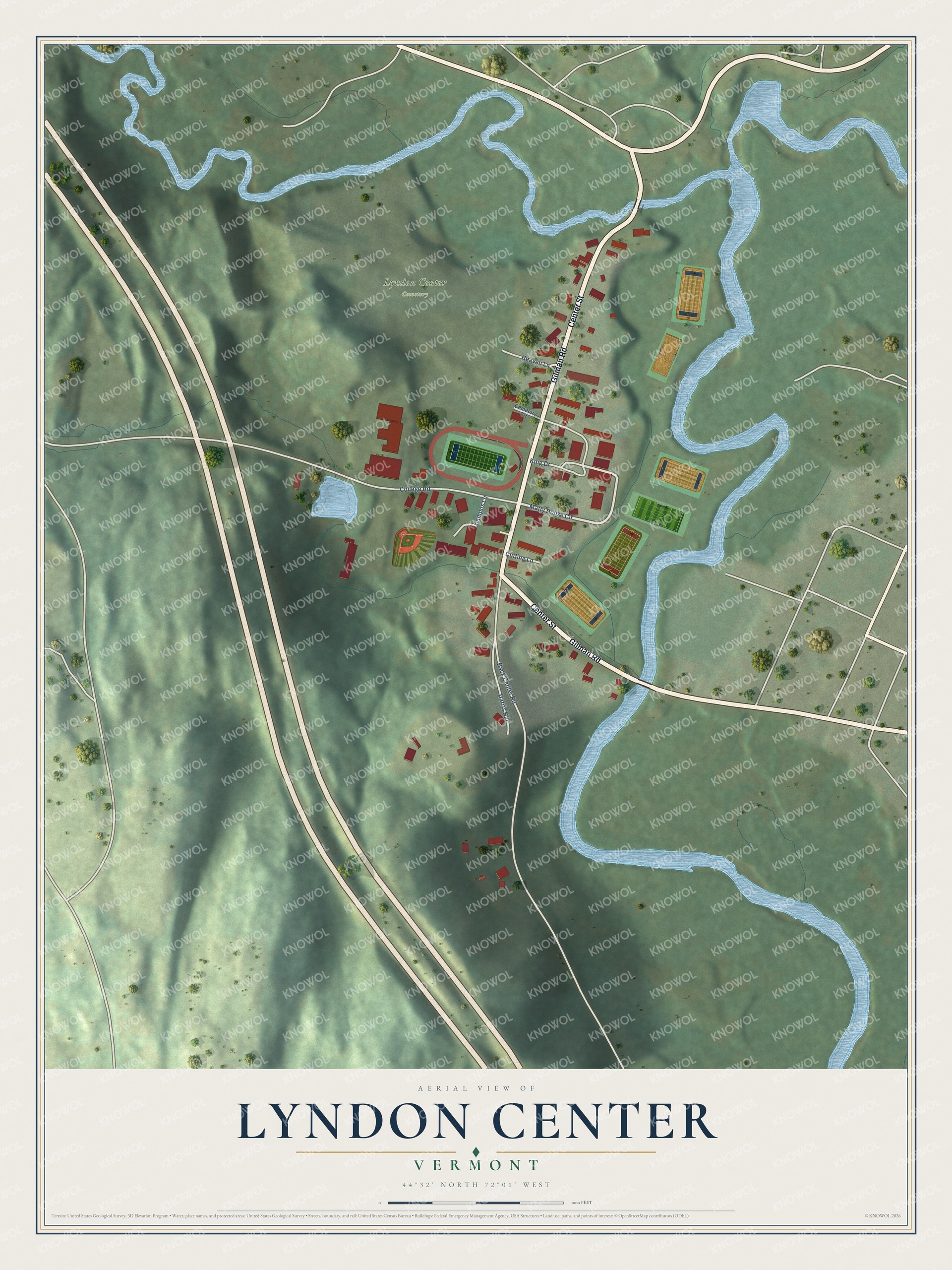 Full map of Lyndon Center, Vermont, with red buildings, printed street names and the land around them