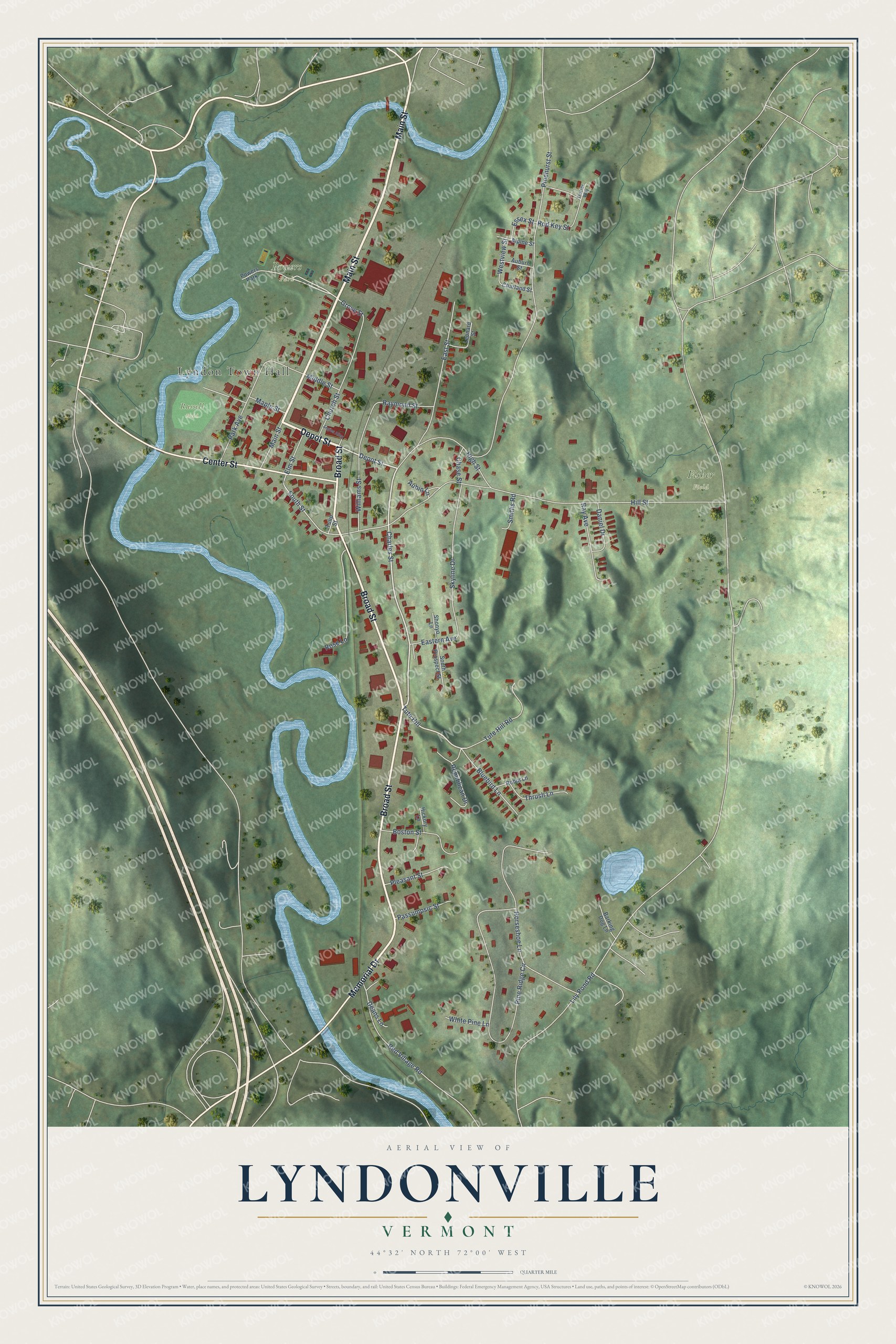 Full map of Lyndonville, Vermont, with red buildings, printed street names and the land around them