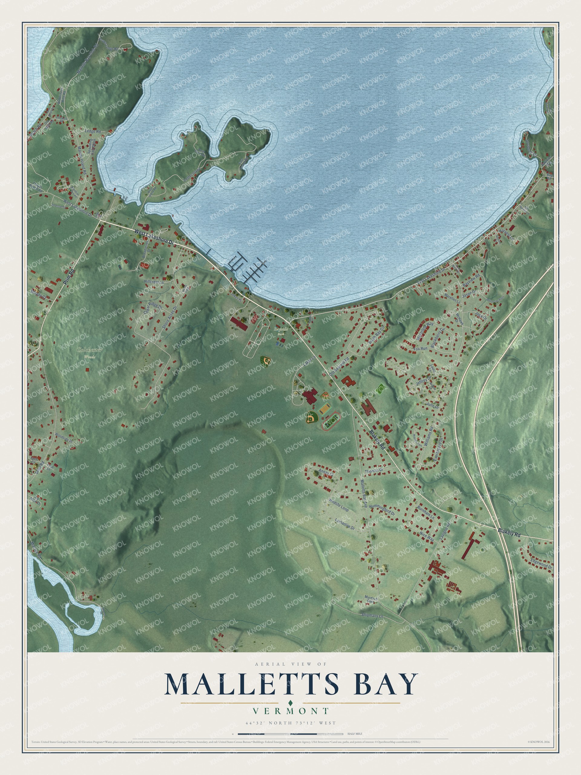 Full map of Malletts Bay, Vermont, with red buildings, printed street names and the land around them