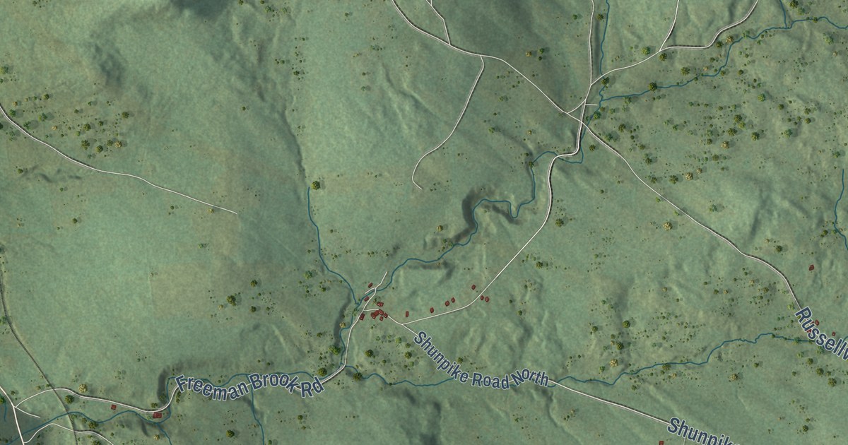 Close-up of streets and buildings in Mount Holly, Vermont