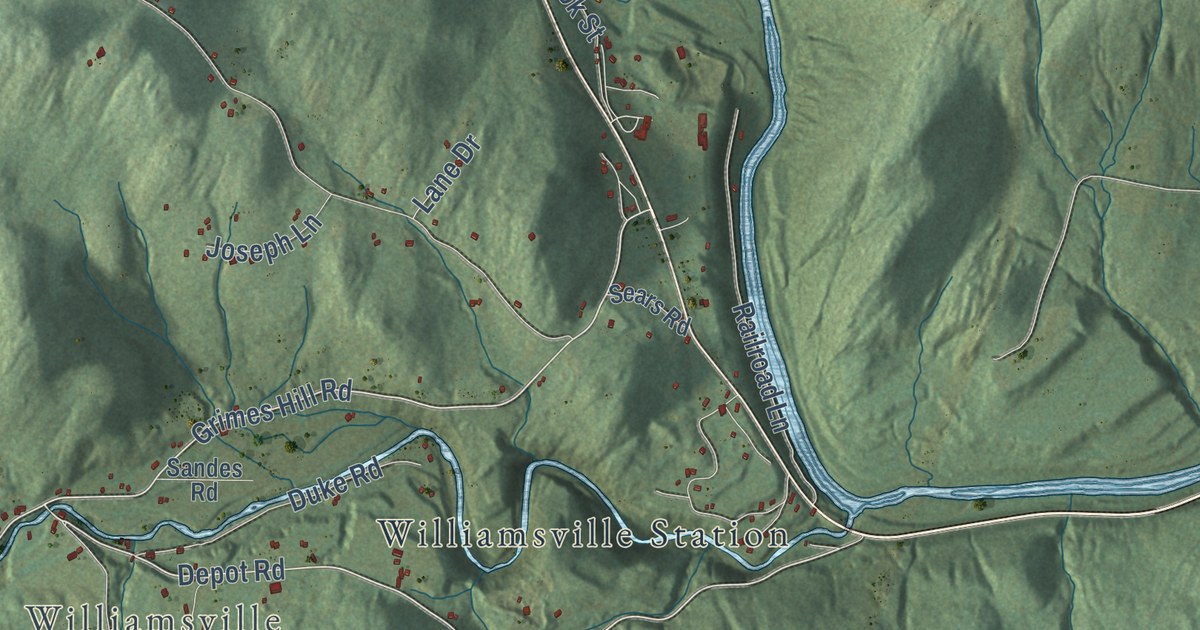 Close-up of streets and buildings in Newfane, Vermont