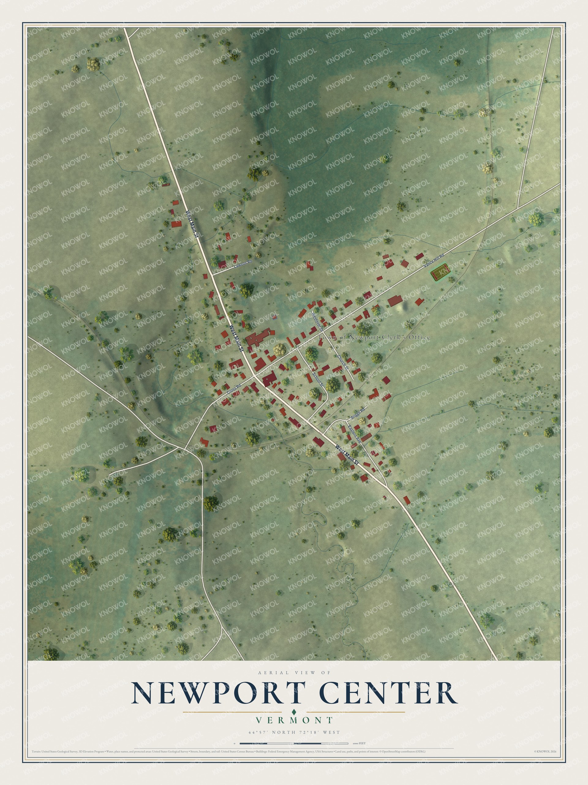 Full map of Newport Center, Vermont, with red buildings, printed street names and the land around them