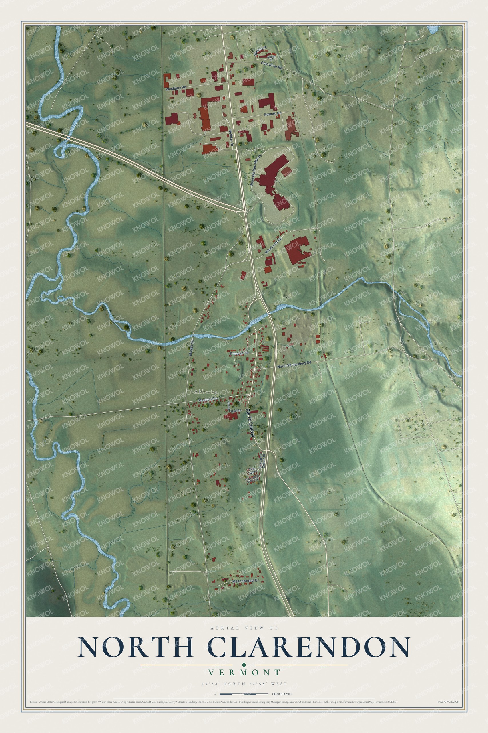 Full map of North Clarendon, Vermont, with red buildings, printed street names and the land around them