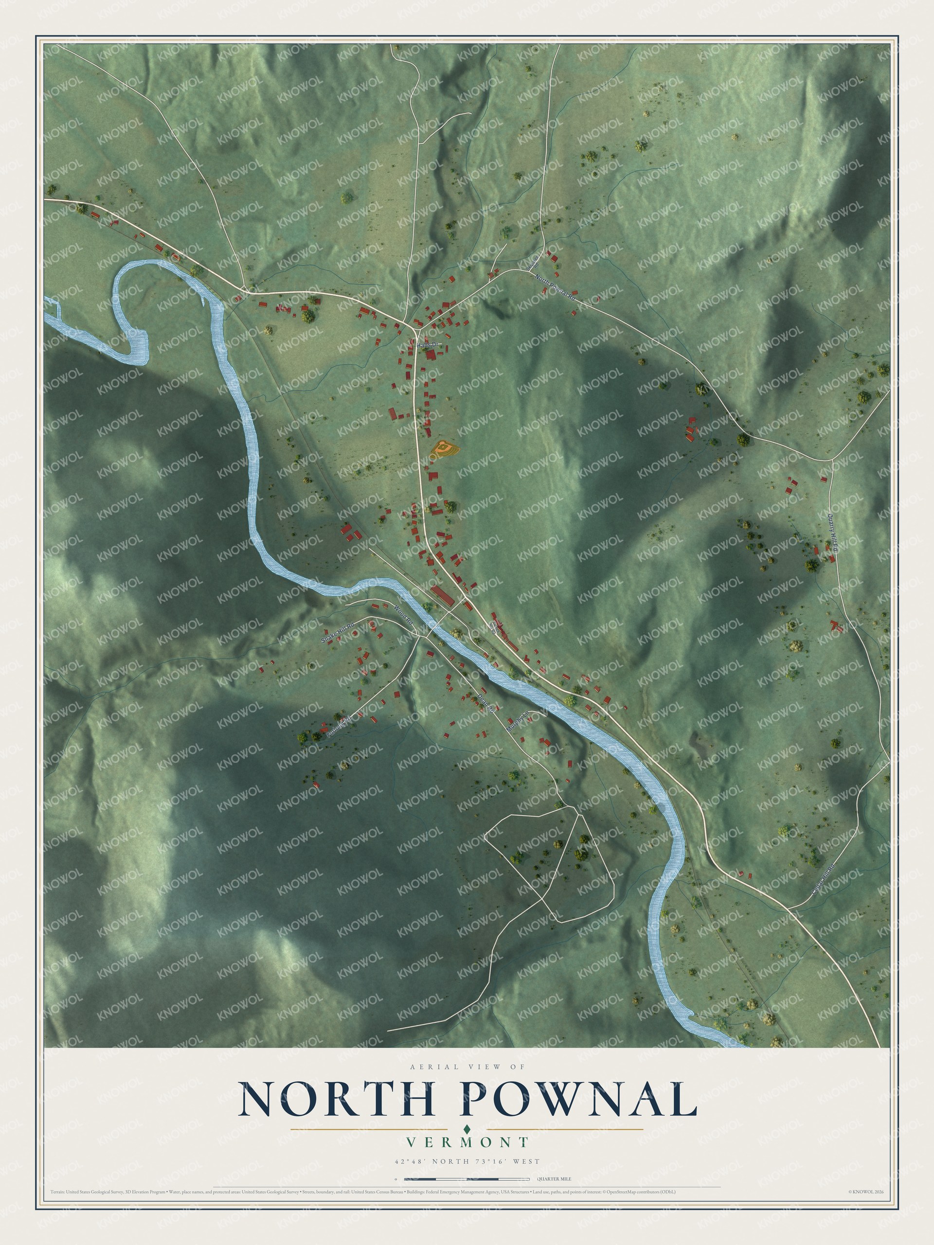 Full map of North Pownal, Vermont, with red buildings, printed street names and the land around them
