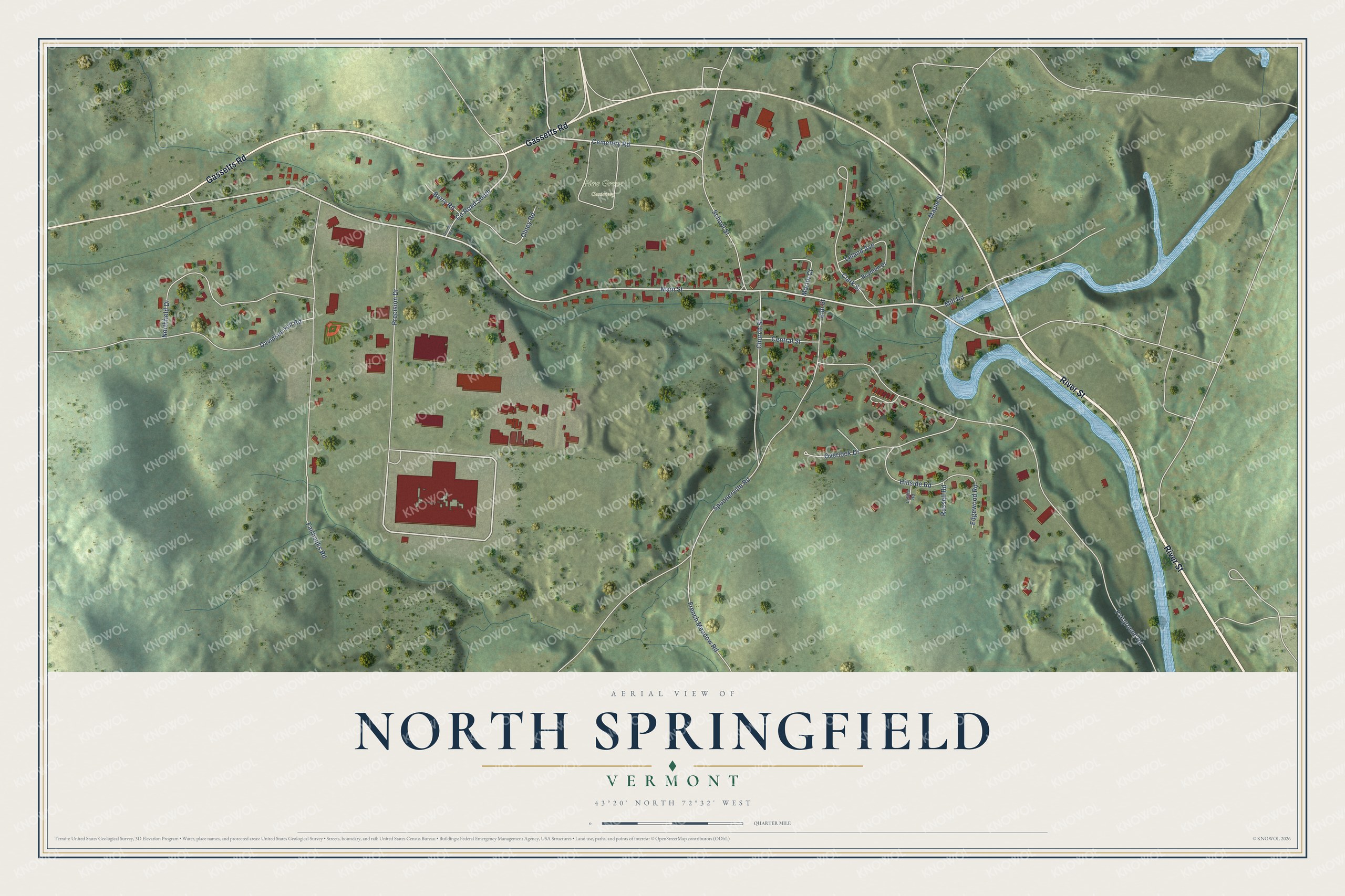 Full map of North Springfield, Vermont, with red buildings, printed street names and the land around them