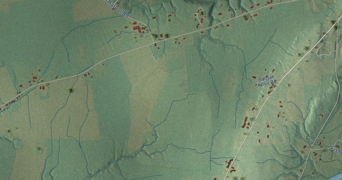 Close-up of streets and buildings in Panton, Vermont