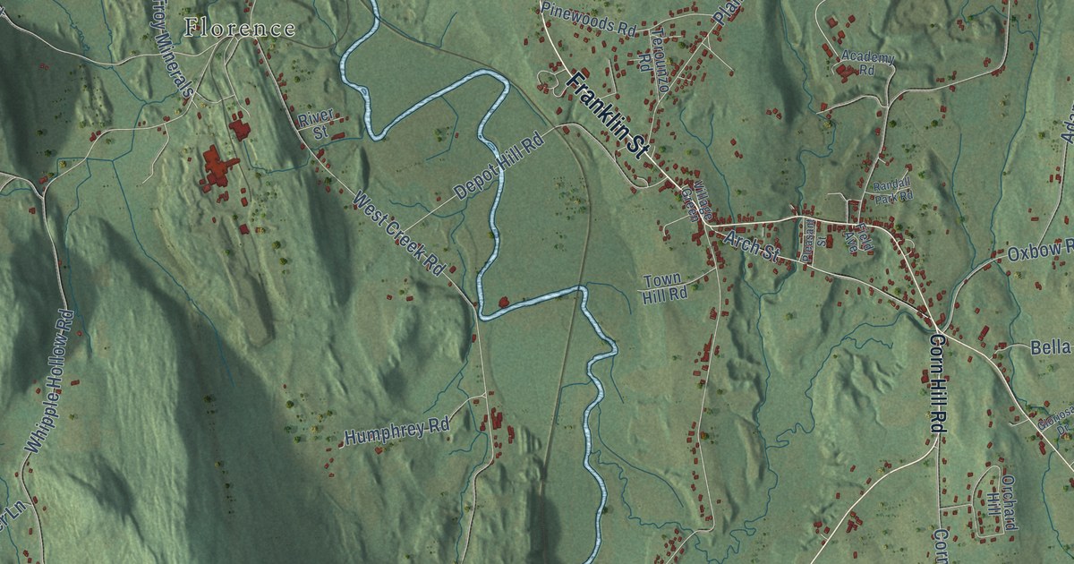 Close-up of streets and buildings in Pittsford, Vermont