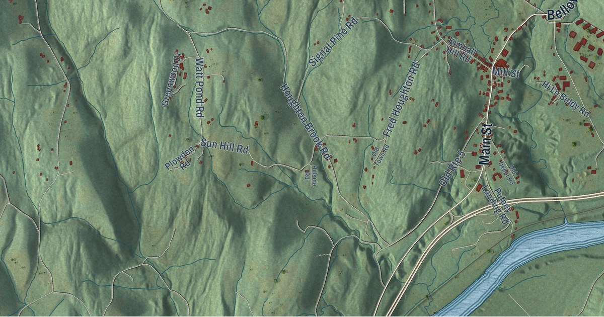 Close-up of streets and buildings in Putney, Vermont