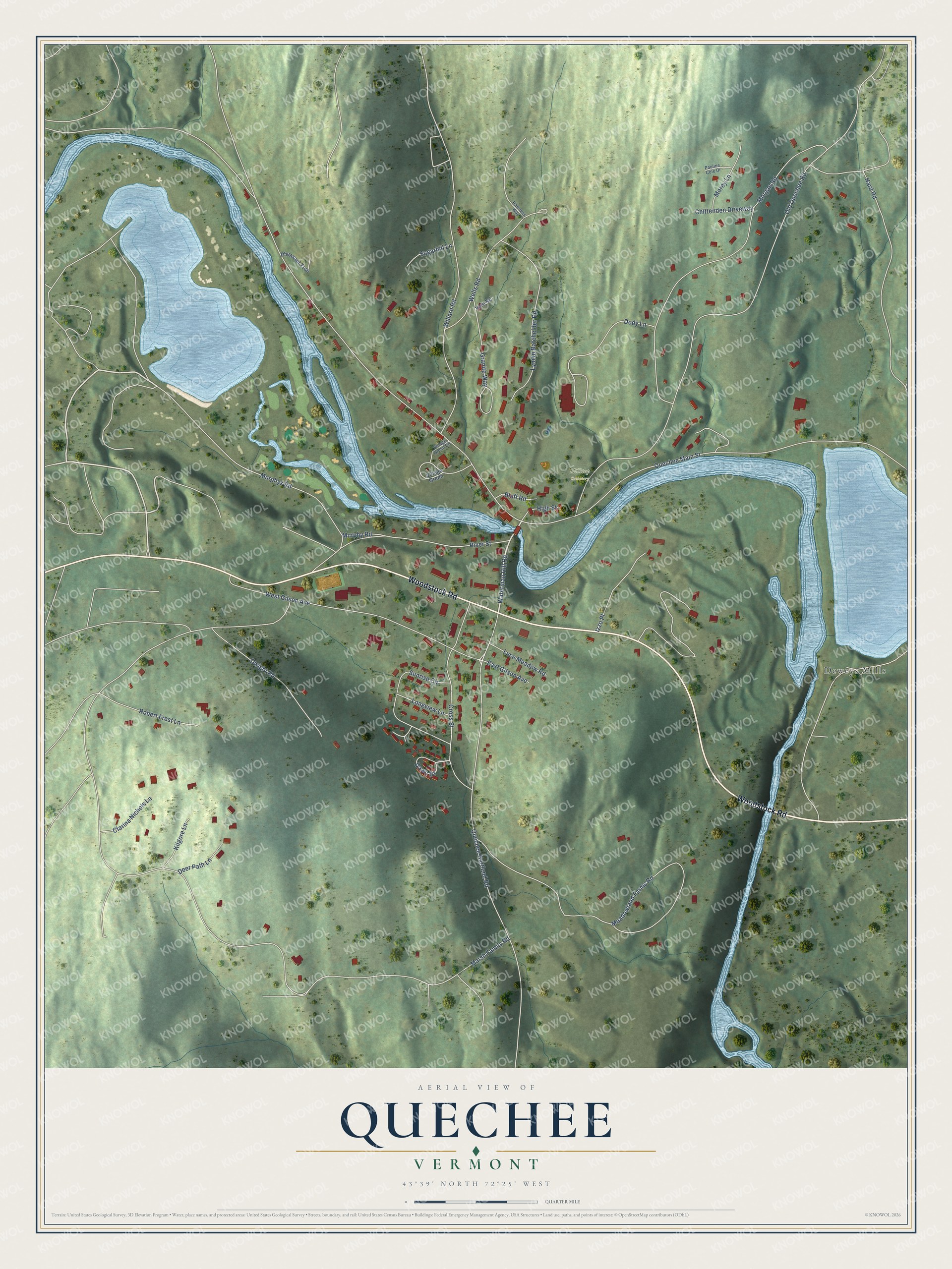 Full map of Quechee, Vermont, with red buildings, printed street names and the land around them