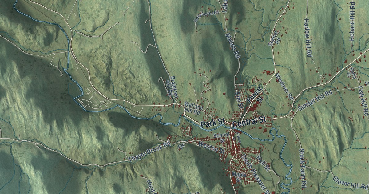Close-up of streets and buildings in Randolph, Vermont