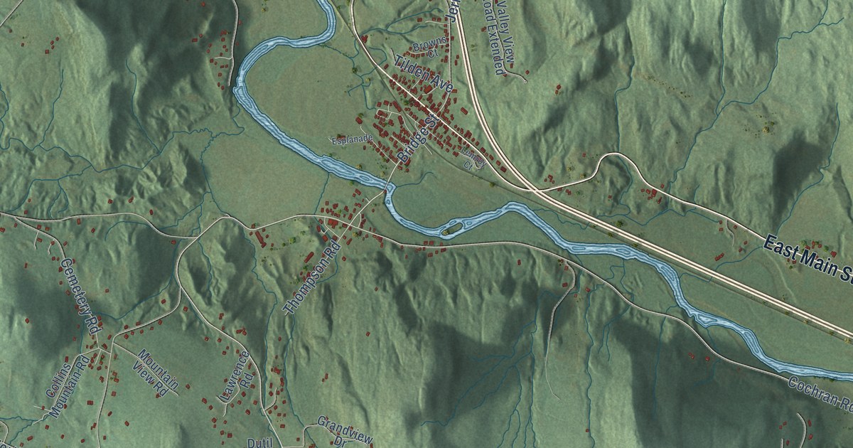 Close-up of streets and buildings in Richmond, Vermont