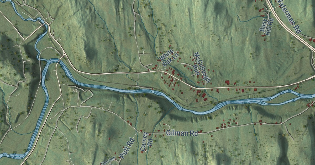 Close-up of streets and buildings in Royalton, Vermont