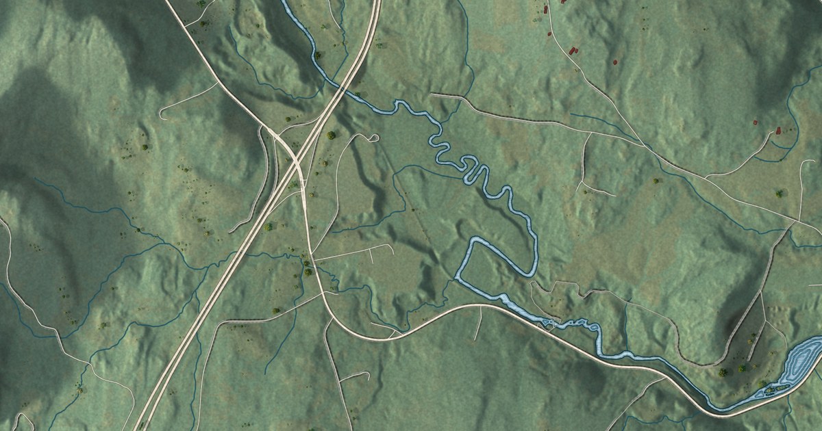 Close-up of streets and buildings in Ryegate, Vermont