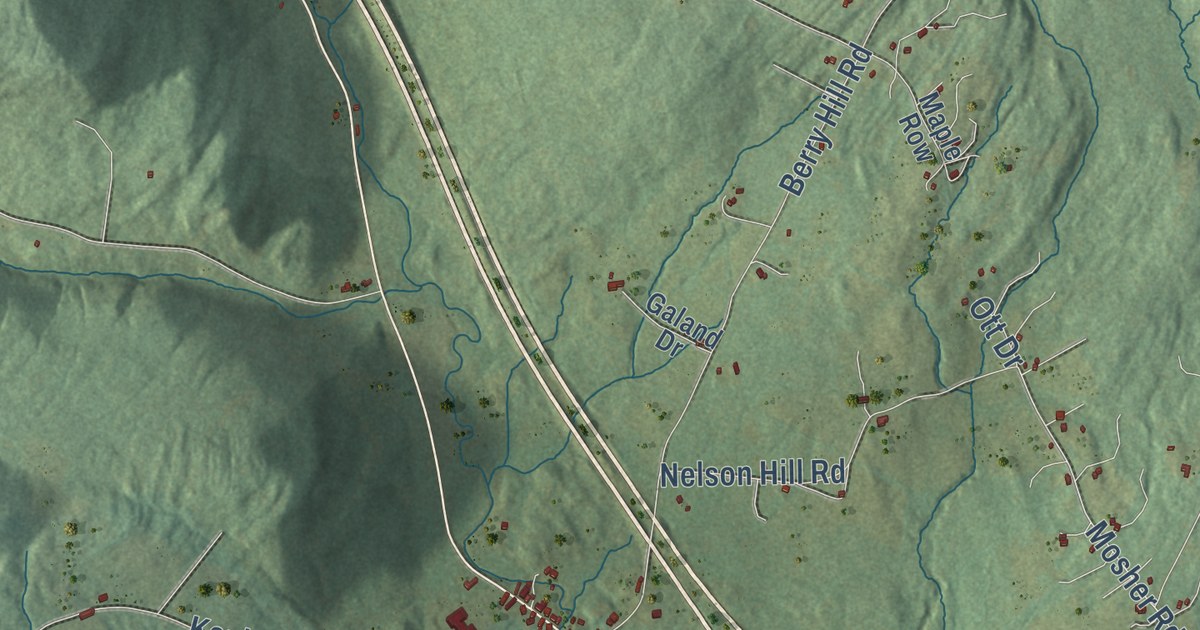 Close-up of streets and buildings in Sheffield, Vermont