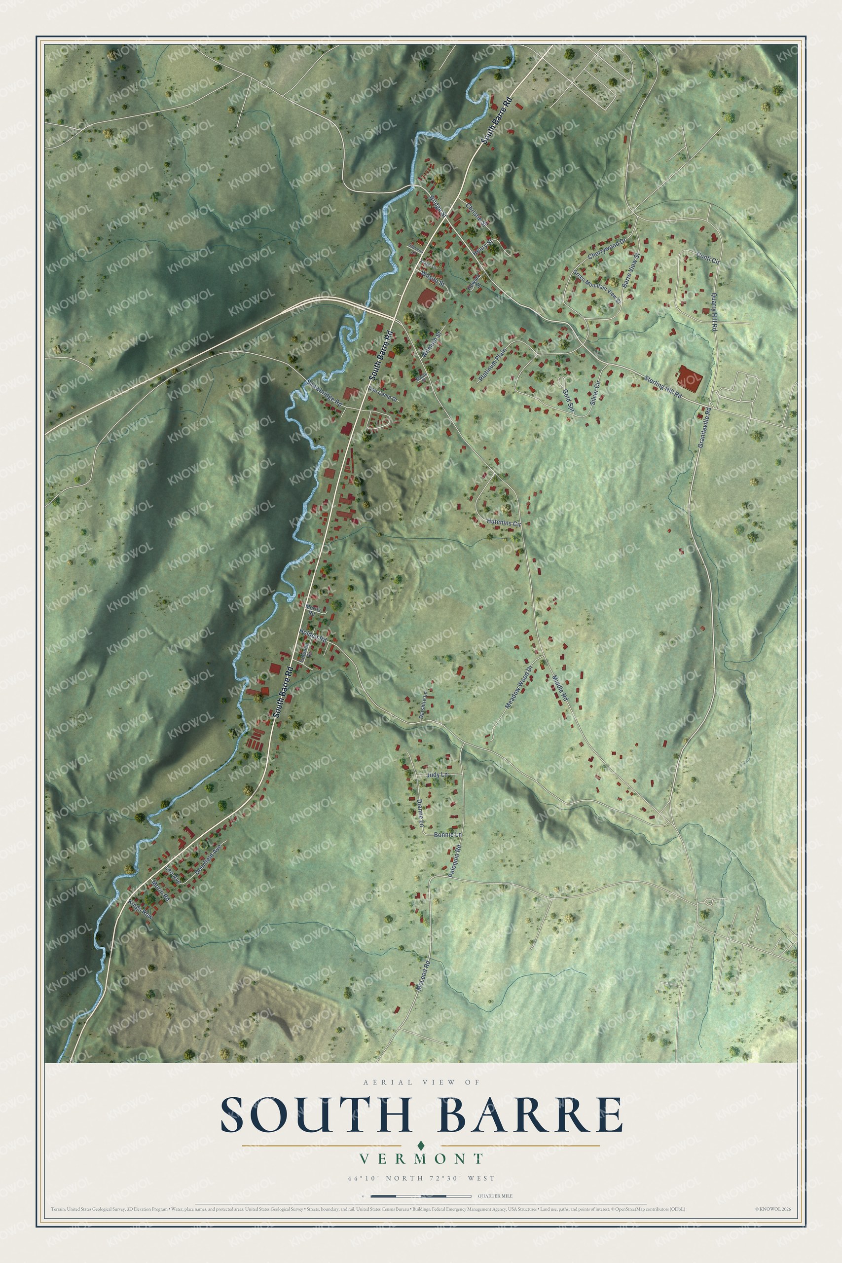 Full map of South Barre, Vermont, with red buildings, printed street names and the land around them