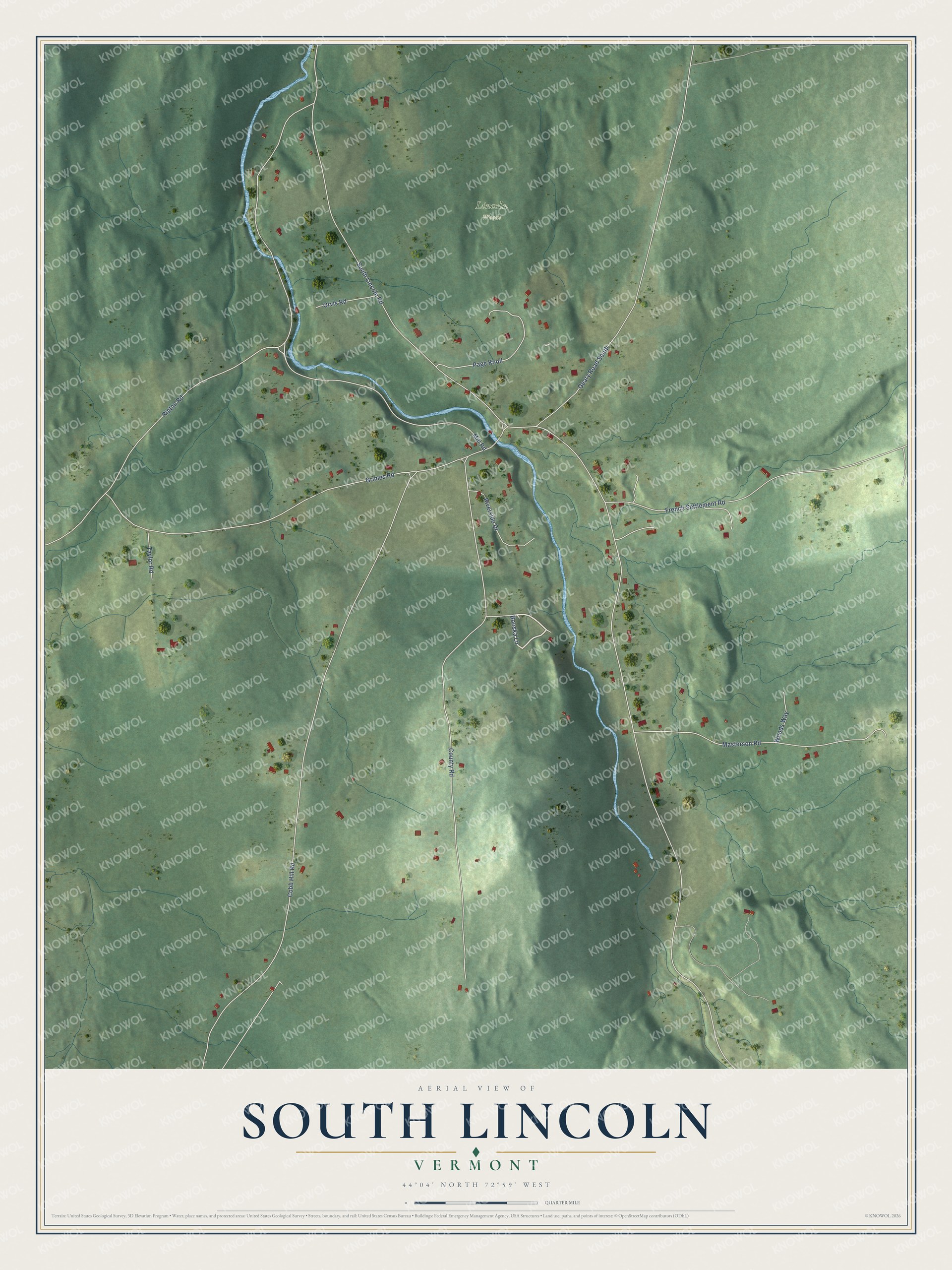 Full map of South Lincoln, Vermont, with red buildings, printed street names and the land around them