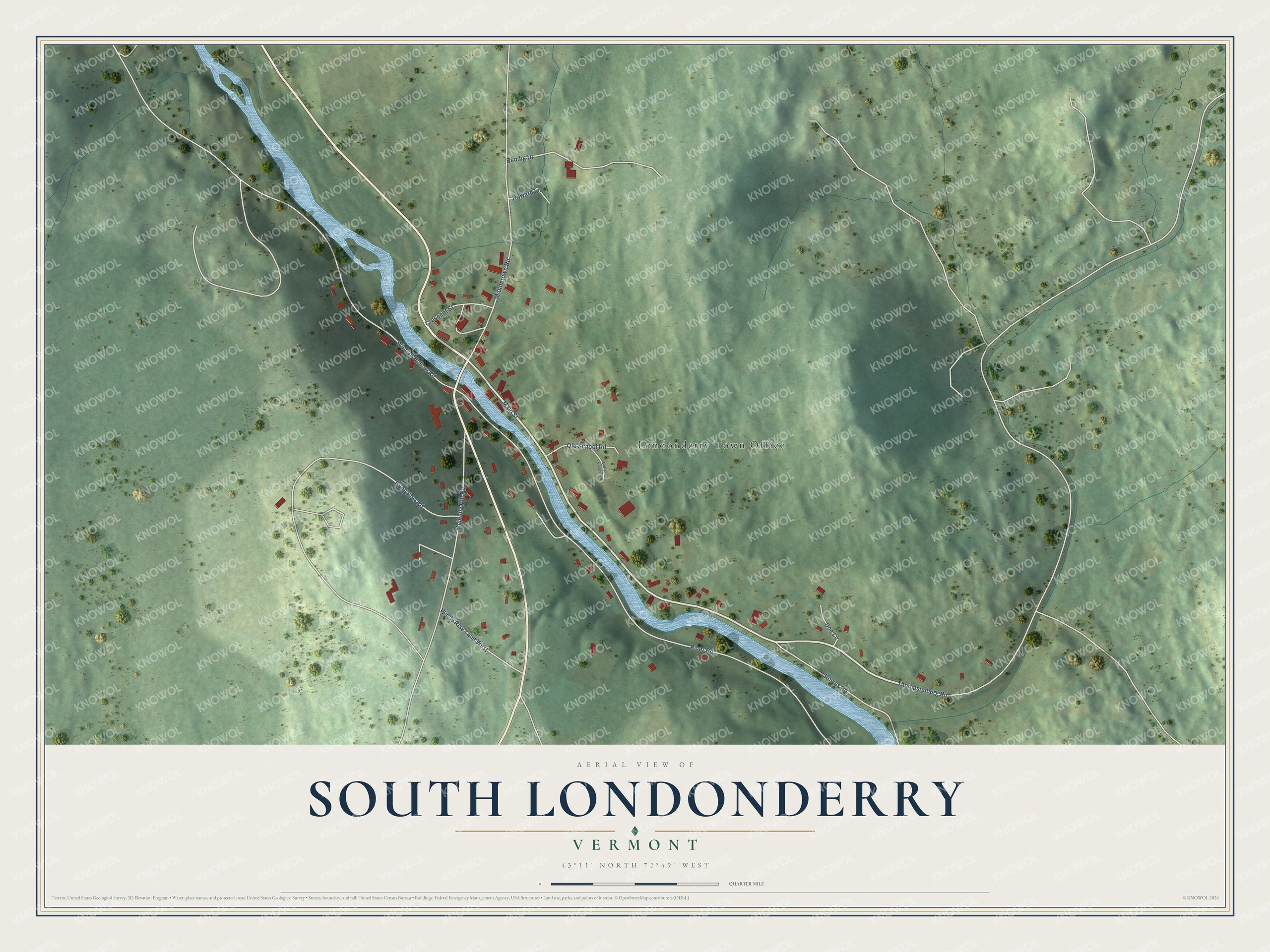 Full map of South Londonderry, Vermont, with red buildings, printed street names and the land around them