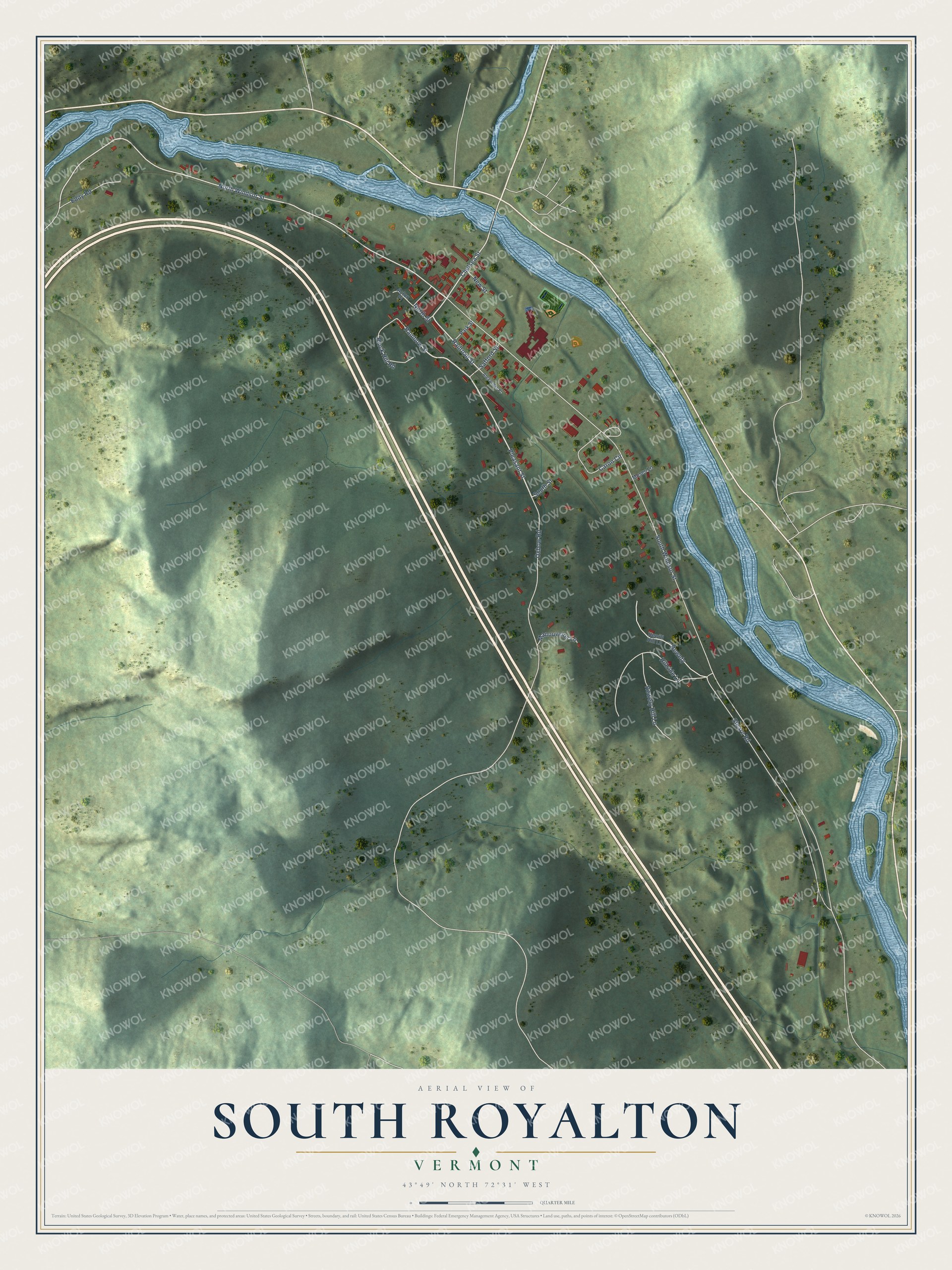 Full map of South Royalton, Vermont, with red buildings, printed street names and the land around them