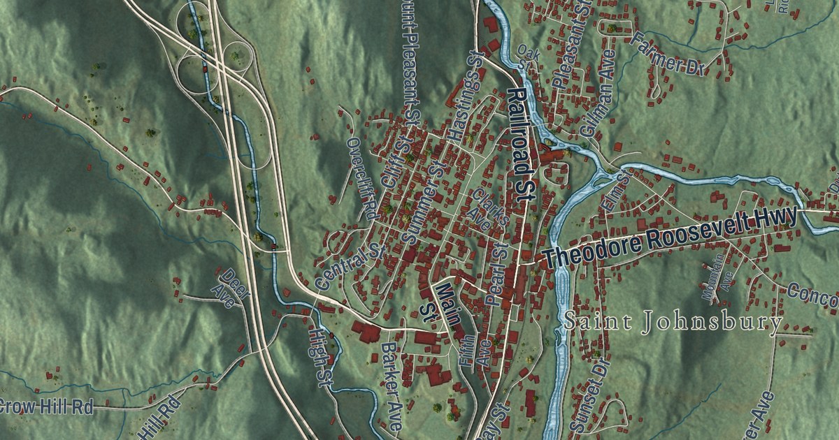 Close-up of streets and buildings in St. Johnsbury, Vermont