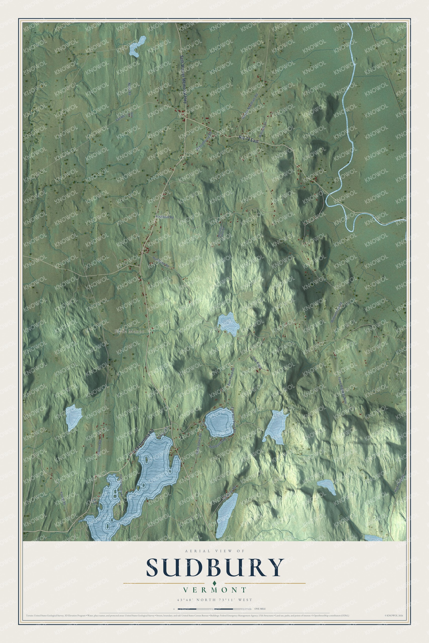 Map of Sudbury, Vermont, between Burr Pond and Lake Hortonia