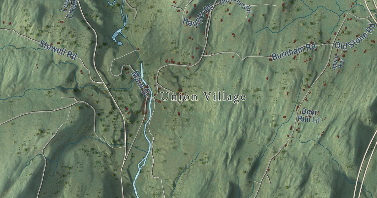 Close-up of streets and buildings in Thetford, Vermont