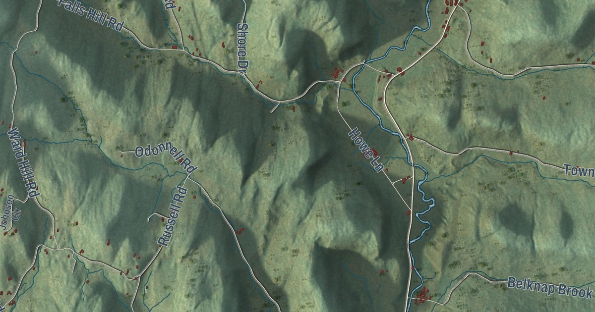 Close-up of streets and buildings in Tunbridge, Vermont