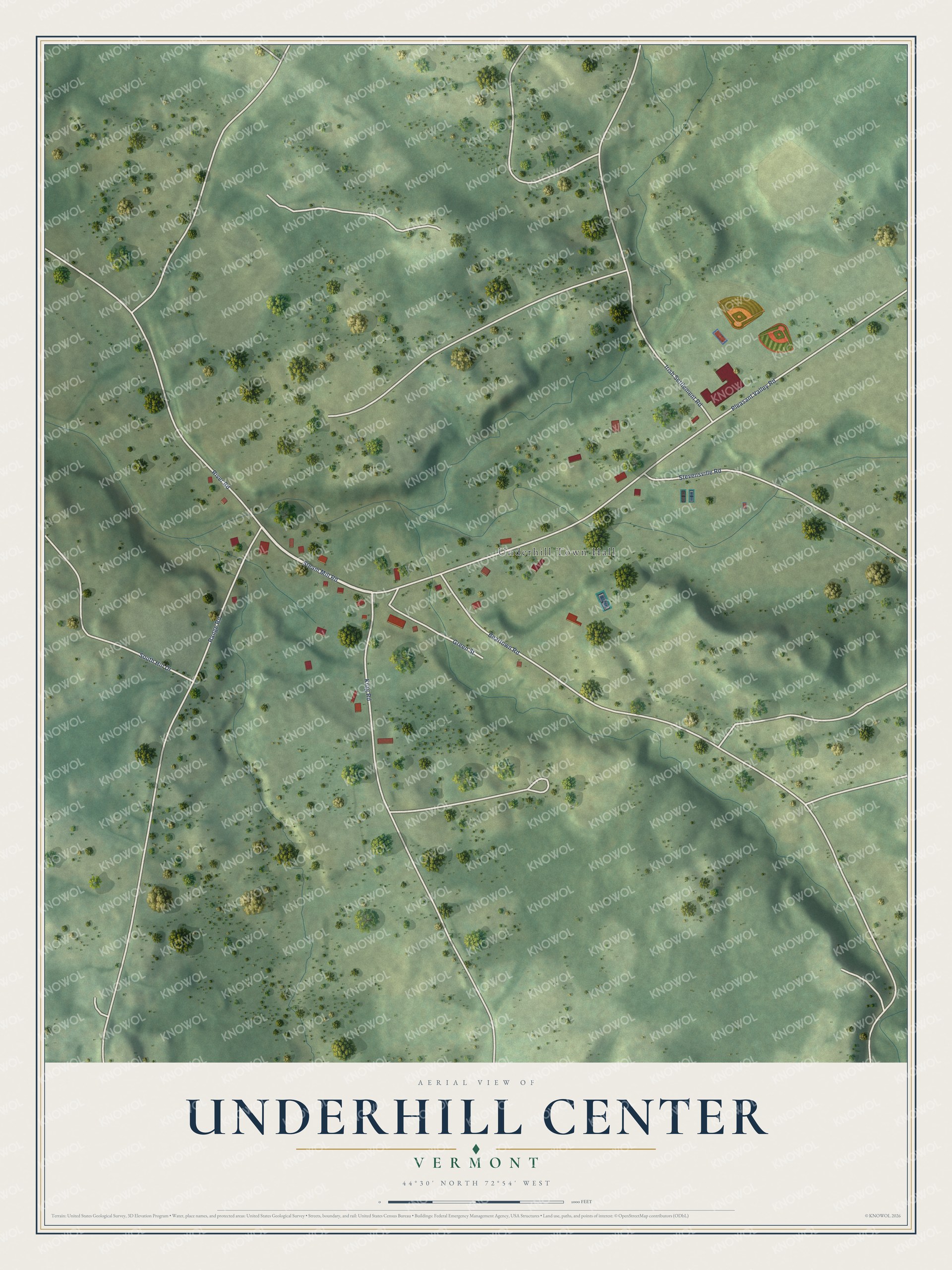 Full map of Underhill Center, Vermont, with red buildings, printed street names and the land around them