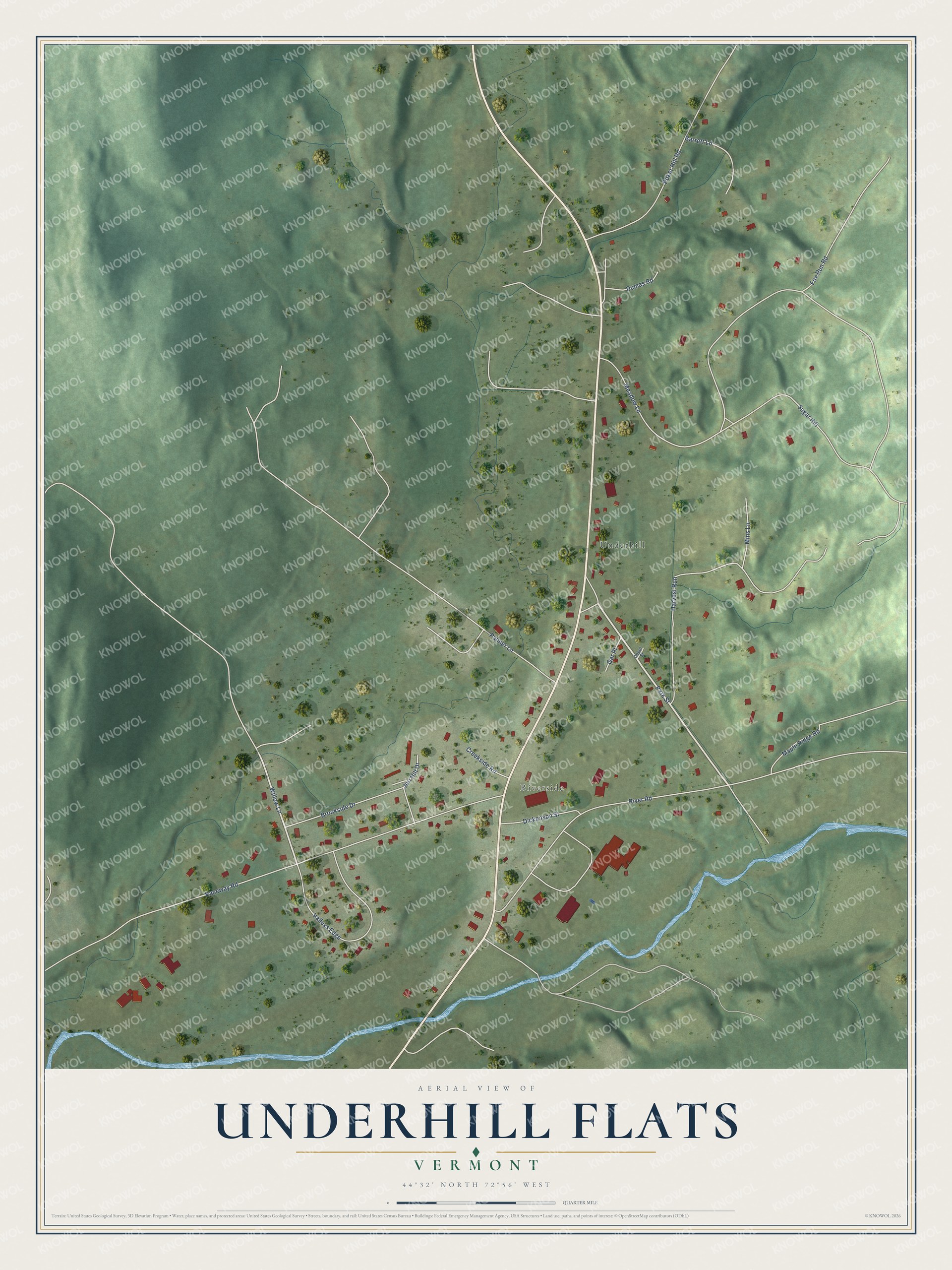 Full map of Underhill Flats, Vermont, with red buildings, printed street names and the land around them