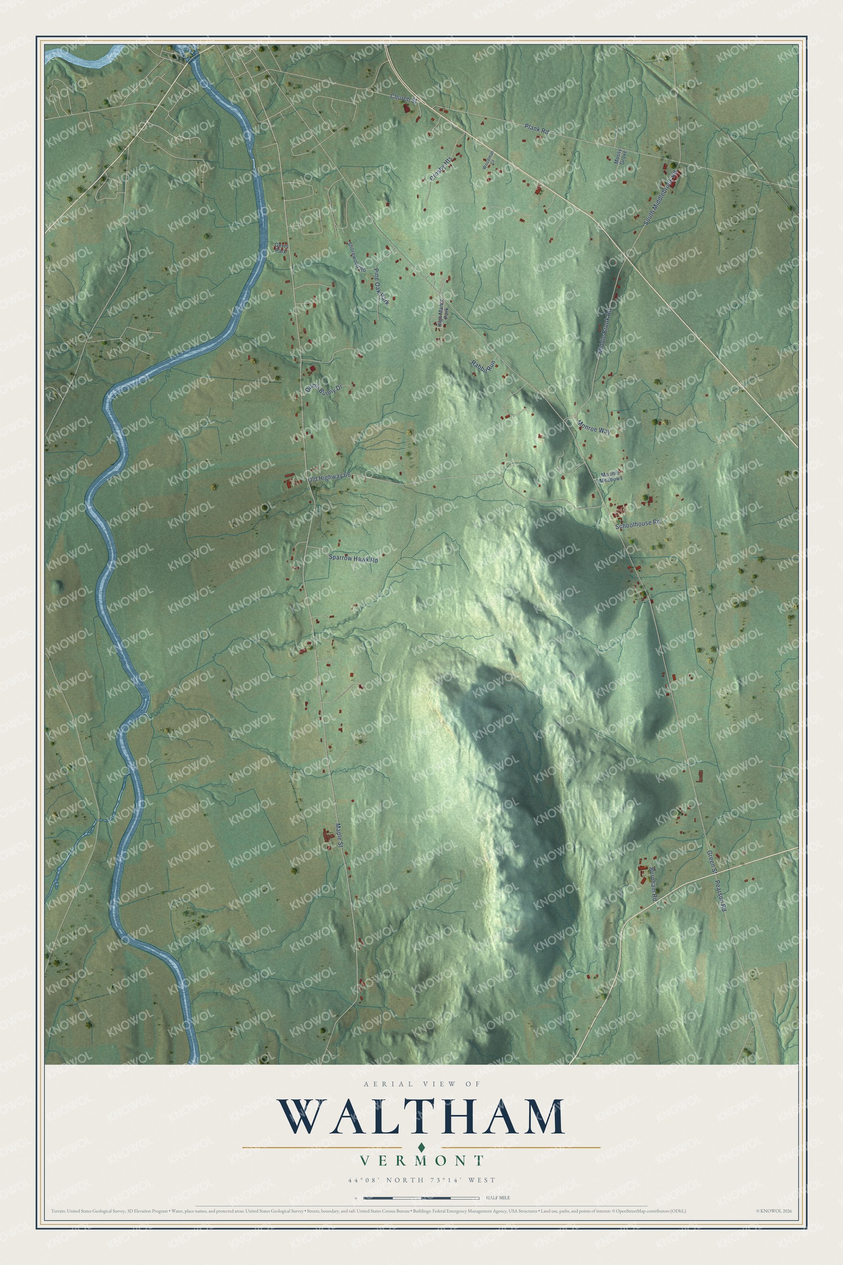 Map of Waltham, Vermont, with Otter Creek, Plank Road and Middle Brook Road