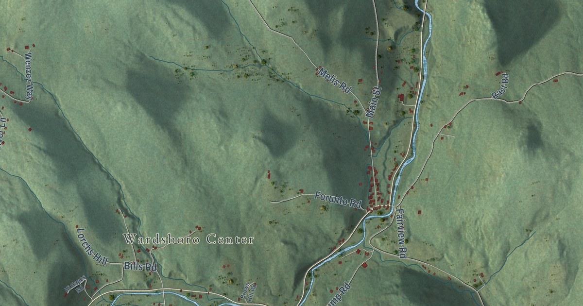 Close-up of streets and buildings in Wardsboro, Vermont