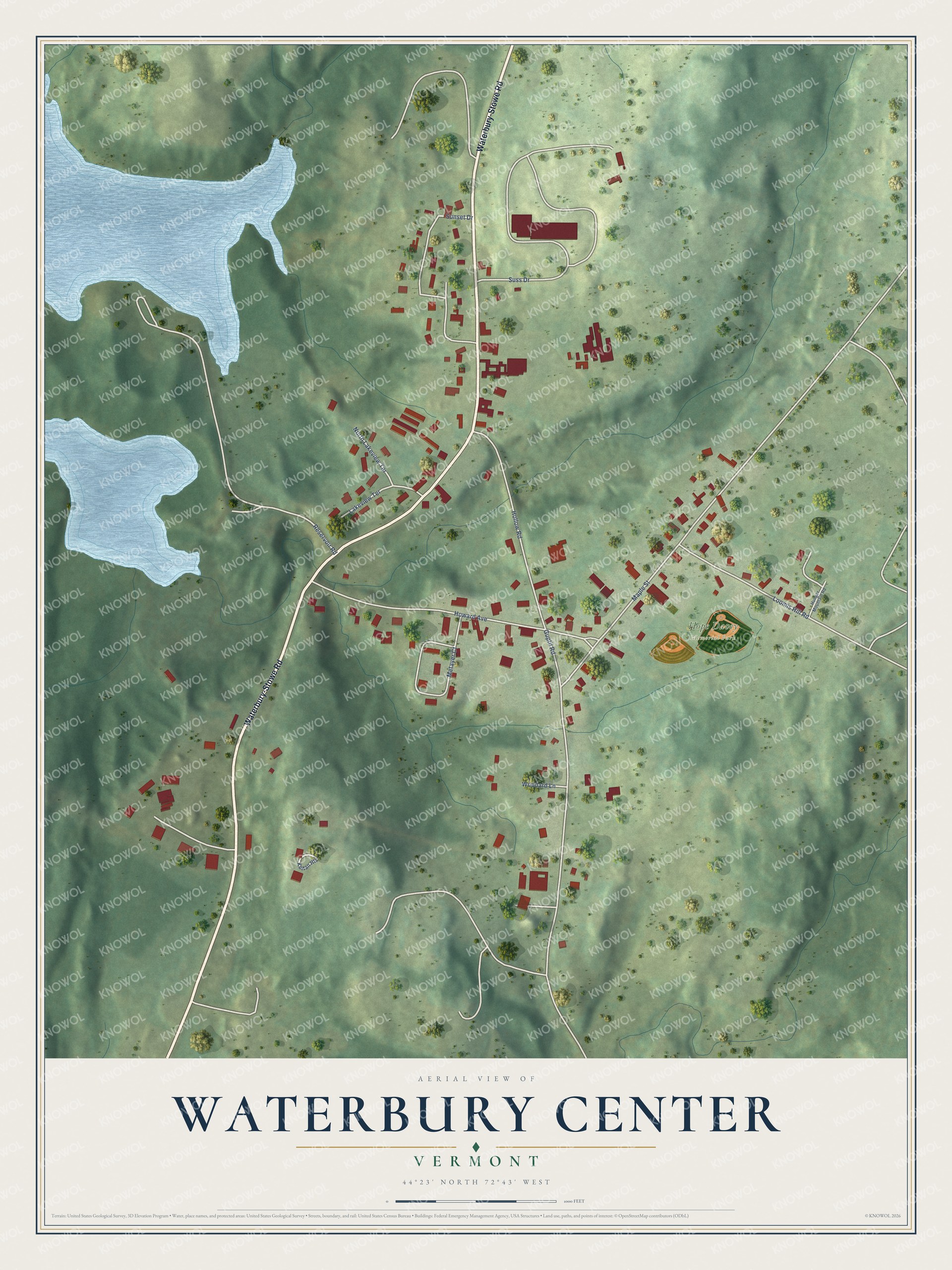 Full map of Waterbury Center, Vermont, with red buildings, printed street names and the land around them
