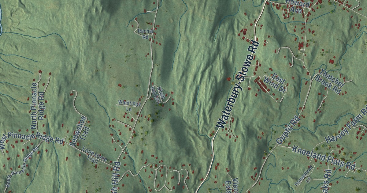 Close-up of streets and buildings in Waterbury, Vermont