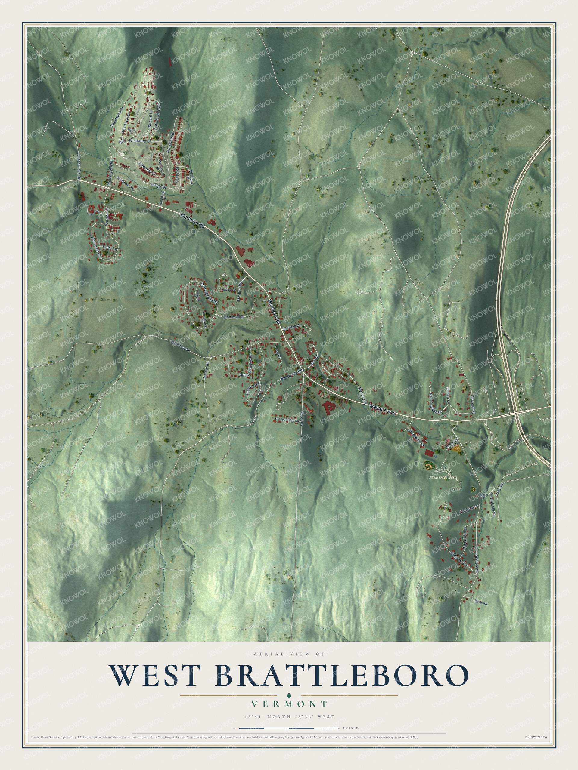 Full map of West Brattleboro, Vermont, with red buildings, printed street names and the land around them