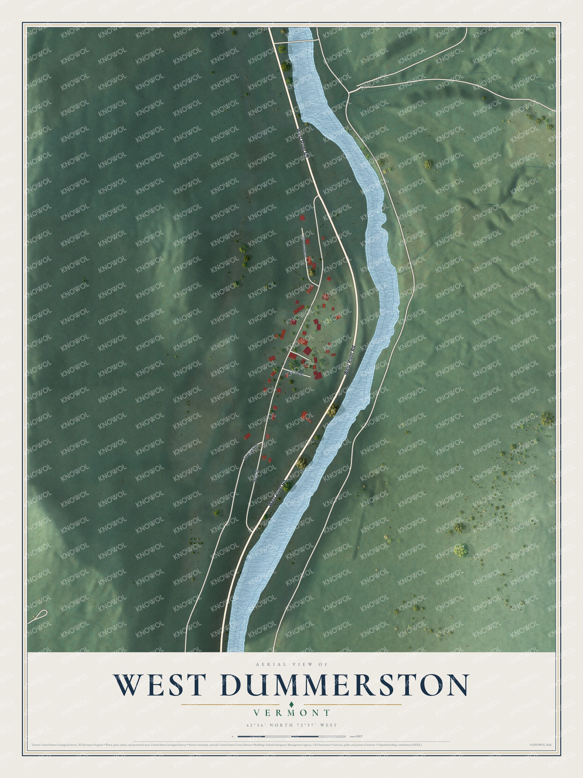 Full map of West Dummerston, Vermont, with red buildings, printed street names and the land around them