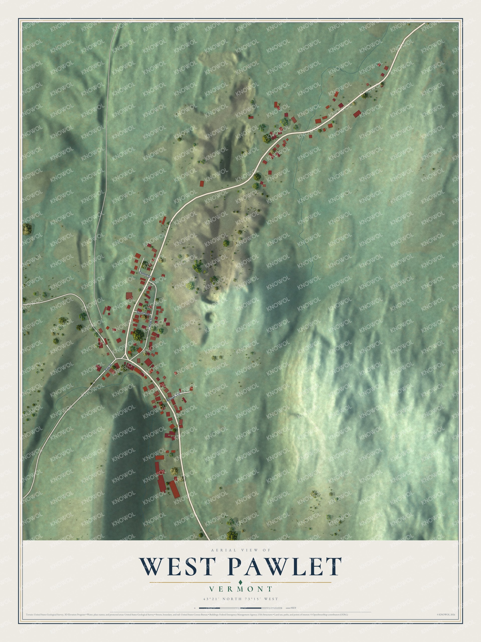 Full map of West Pawlet, Vermont, with red buildings, printed street names and the land around them
