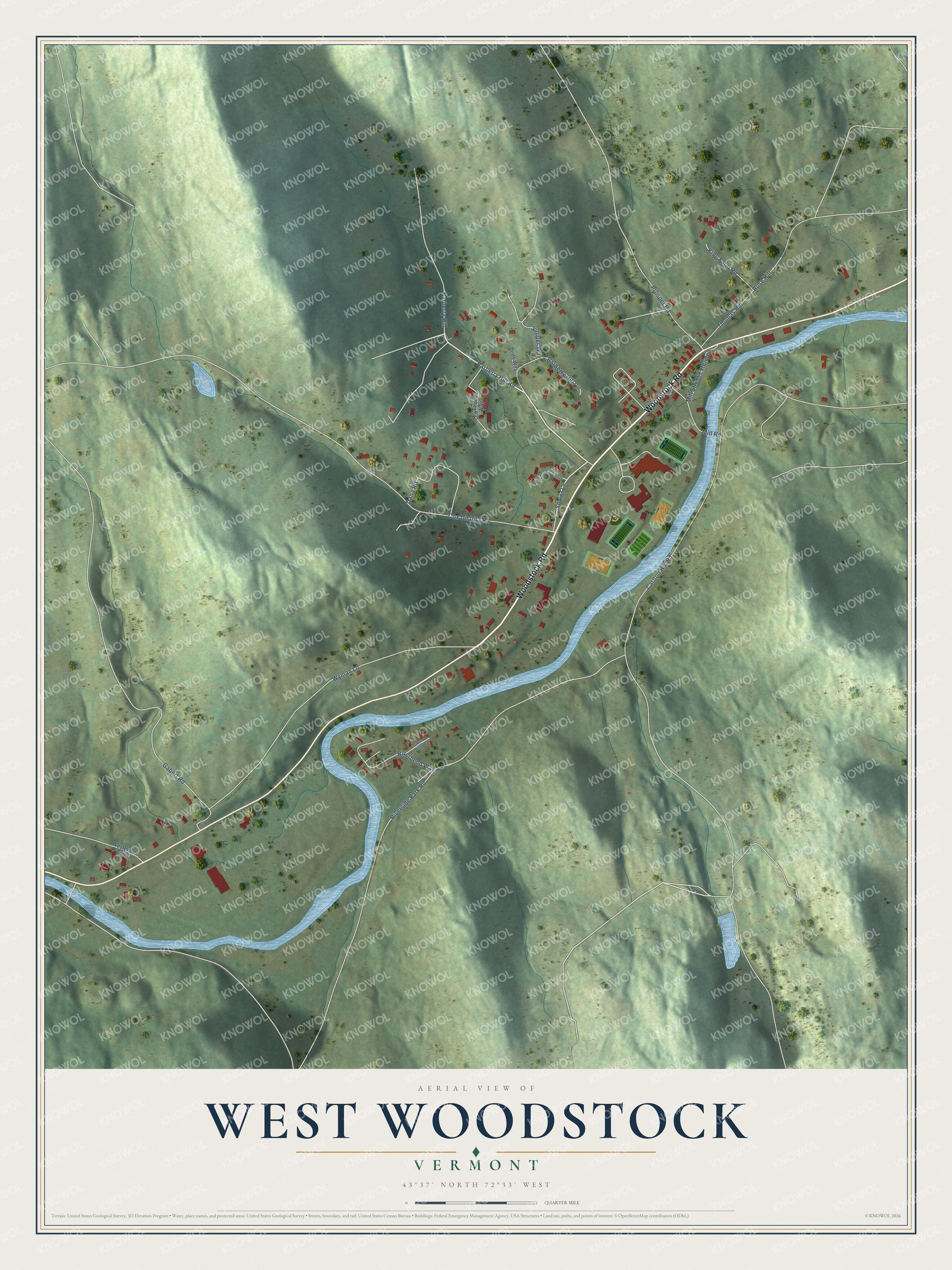 Full map of West Woodstock, Vermont, with red buildings, printed street names and the land around them