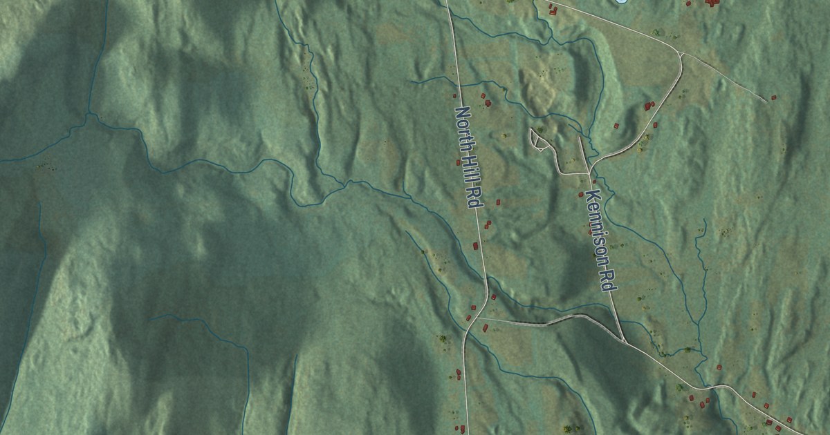 Close-up of streets and buildings in Westfield, Vermont