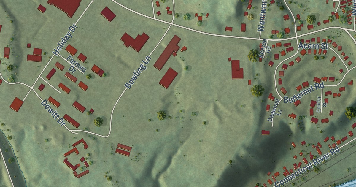 Close-up of streets and buildings in White River Junction, Vermont