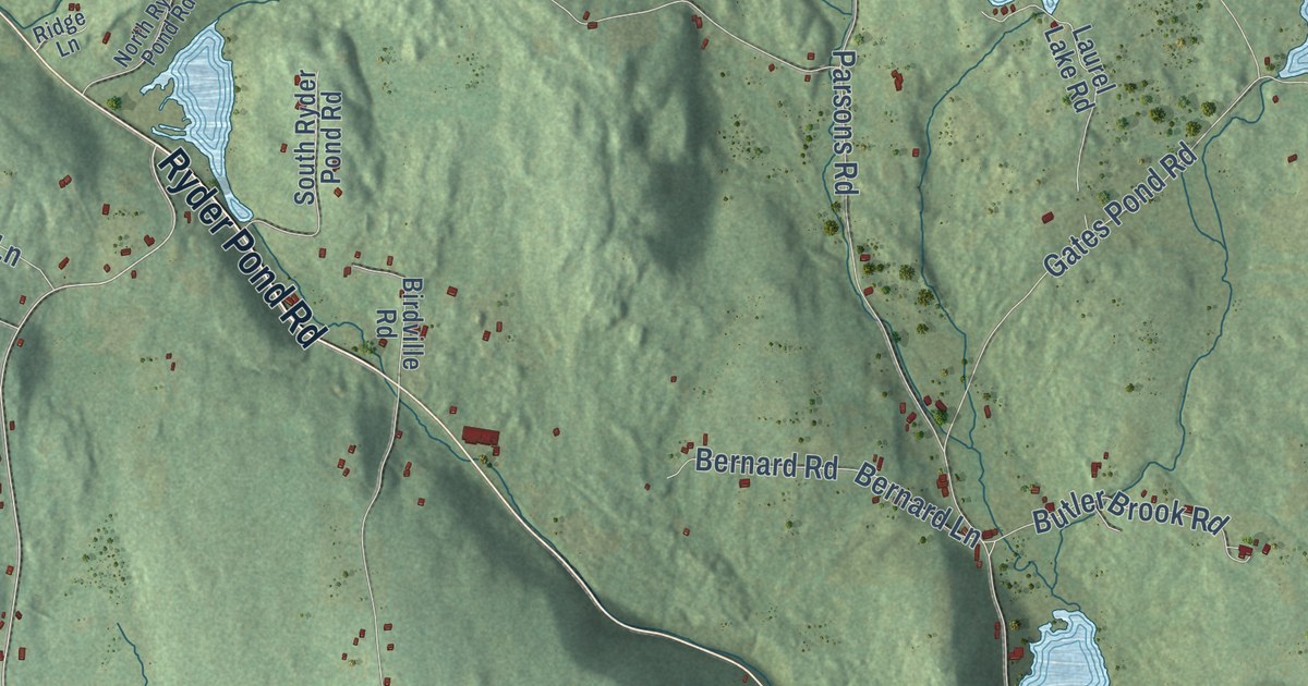 Close-up of streets and buildings in Whitingham, Vermont