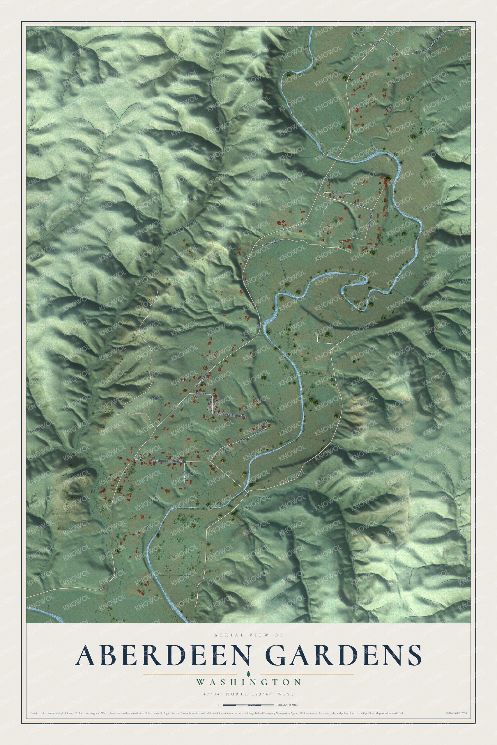Full map of Aberdeen Gardens, Washington, with red buildings, printed street names and the land around them