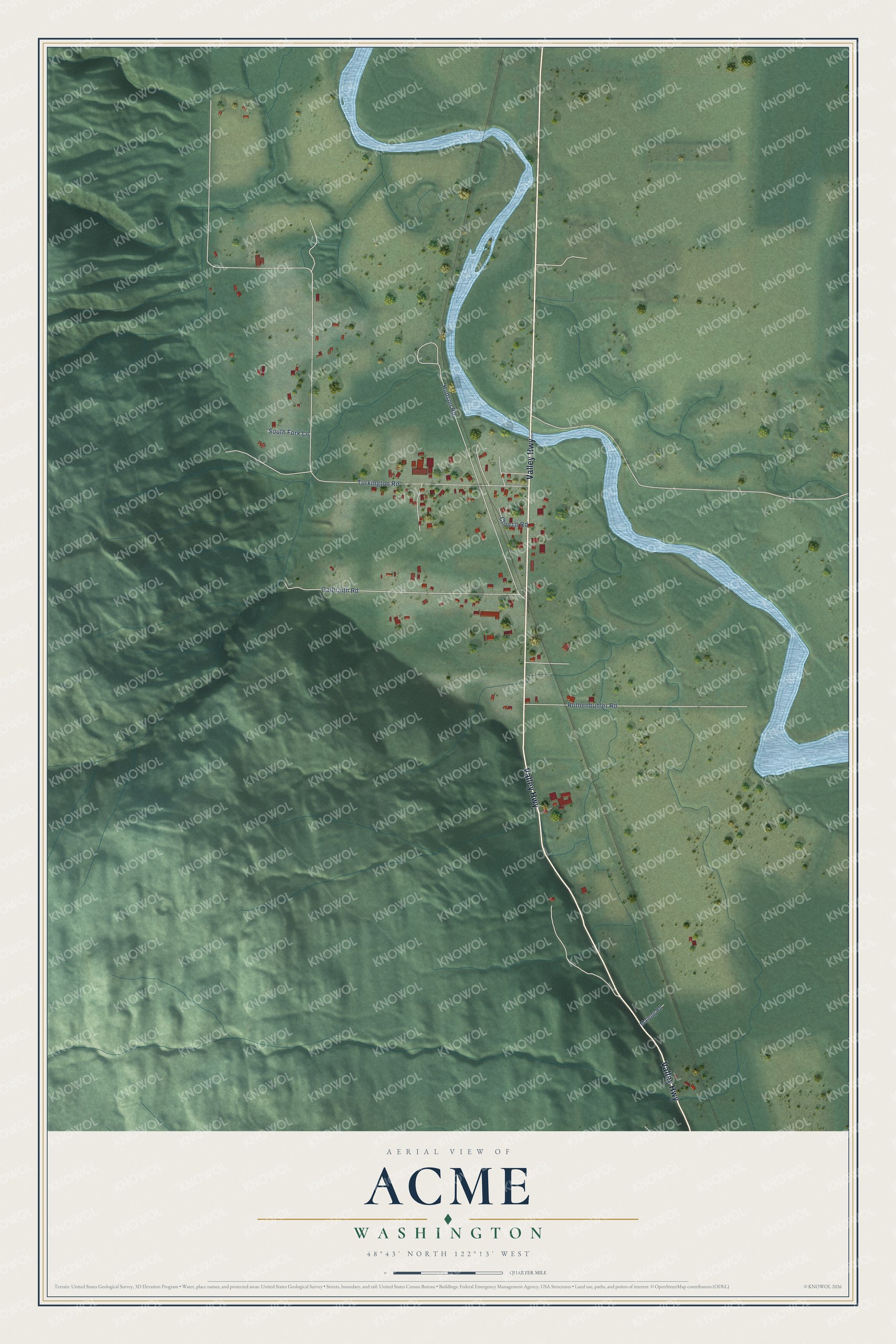 Full map of Acme, Washington, with red buildings, printed street names and the land around them