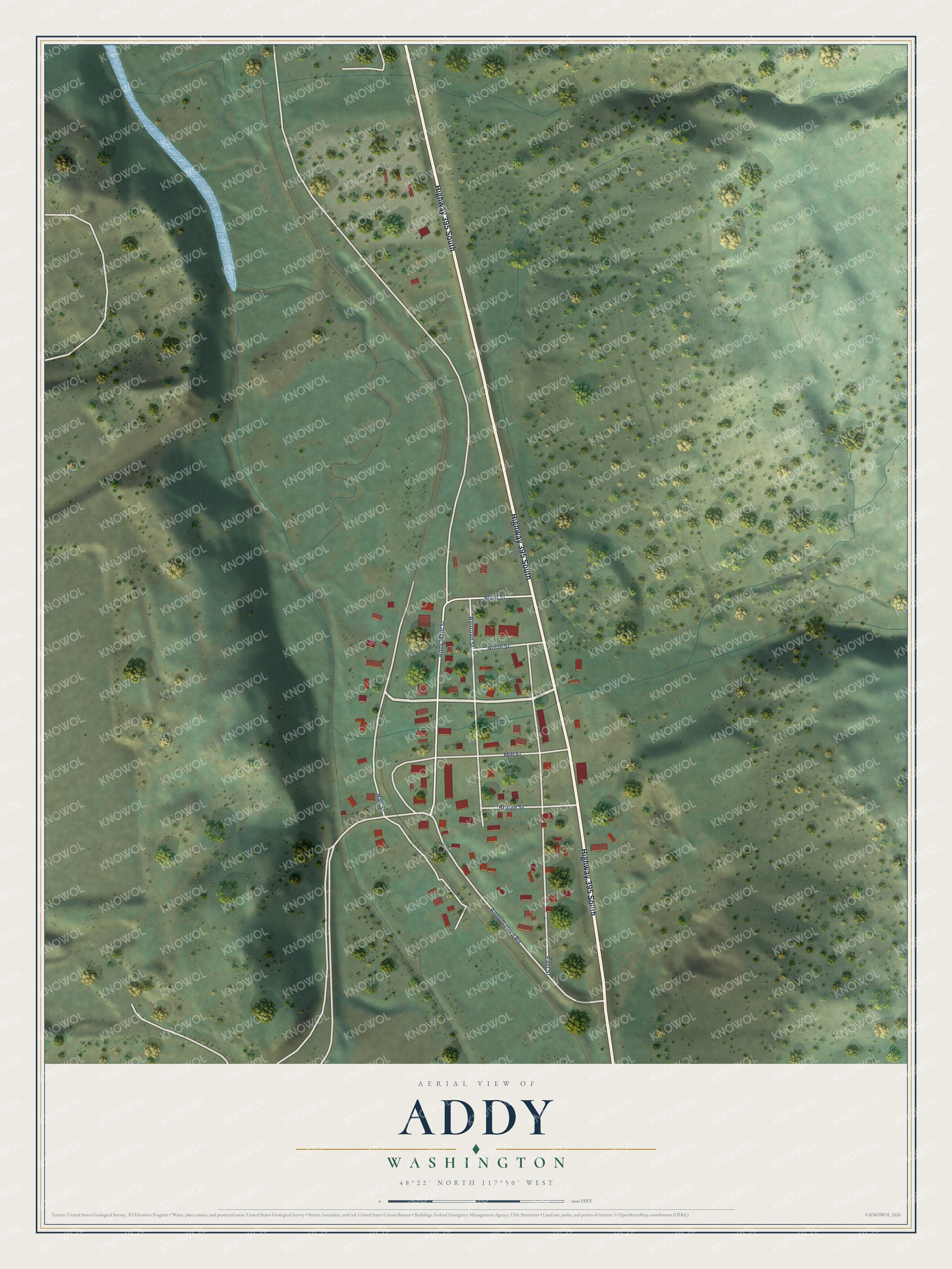 Full map of Addy, Washington, with red buildings, printed street names and the land around them